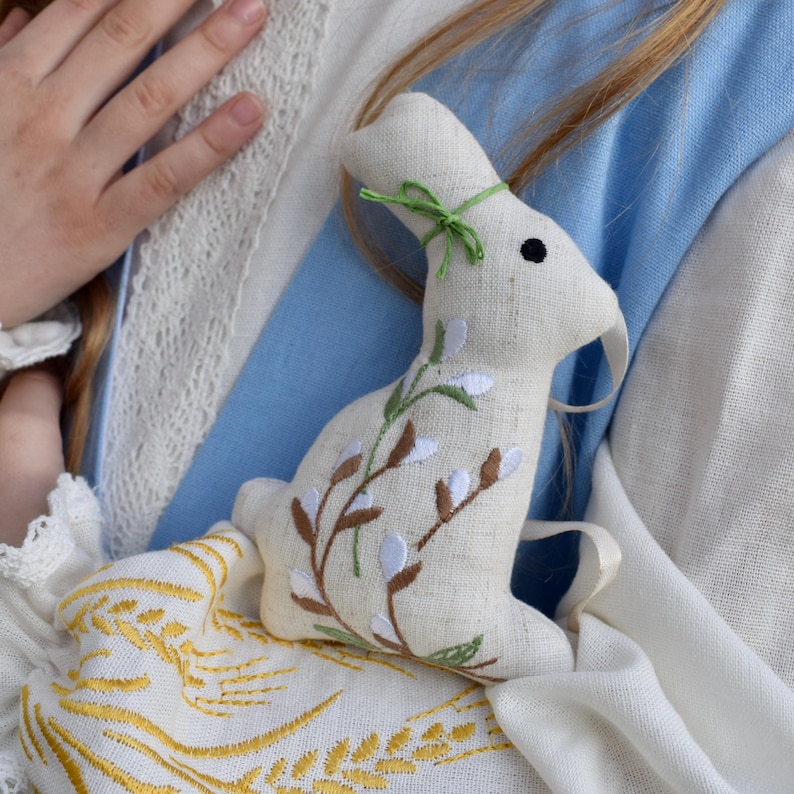 Handmade linen Easter bunny ornament with willow embroidery