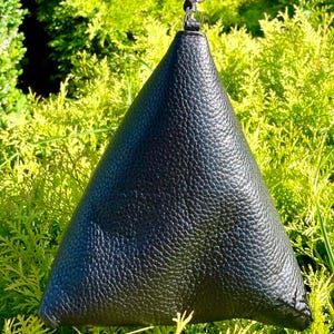 May include: A black triangular-shaped purse with a textured leather-like finish.