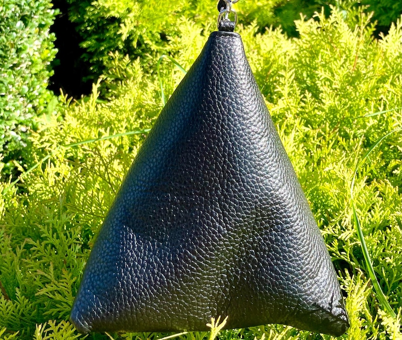 May include: A black triangular-shaped purse with a textured leather-like finish.