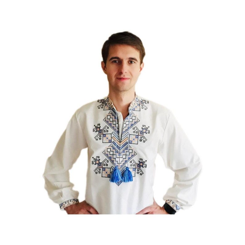 Men’s Ukrainian Embroidered Shirt Vyshyvanka, White Folk Long Sleeve with Blue Geometric Pattern and Tassel Neck, Traditional Slavic Top