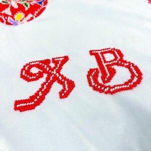 Beaded Satin Easter Basket Cover with Floral Embroidery and Red Pysanka Design, Handcrafted Christian Holiday Decor with Cyrillic Letters