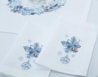 Christmas embroidered napkins, Blue winter design, Christmas white embroidered cloth napkins, Holiday napkins, Christmas decoration