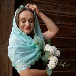 Mint green lace chapel veil
