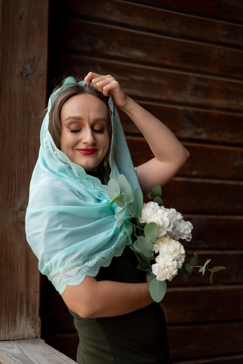 Mint green lace chapel veil