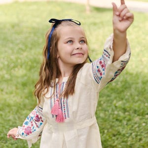 Girls Folk Inspired Embroidered Dress, Linen Children Dress with Floral Ornament, Symbolic Ethnic Style Outfit