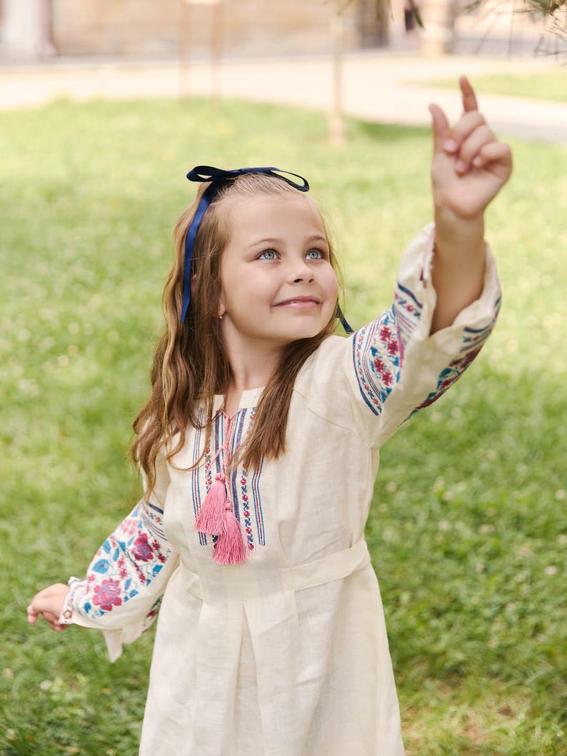 Girls Folk Inspired Embroidered Dress, Linen Children Dress with Floral Ornament, Symbolic Ethnic Style Outfit