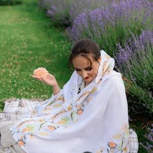 Linen Shawl with Floral Embroidery – White Embroidered Scarf with Peach Flowers, Folk Botanical Wrap