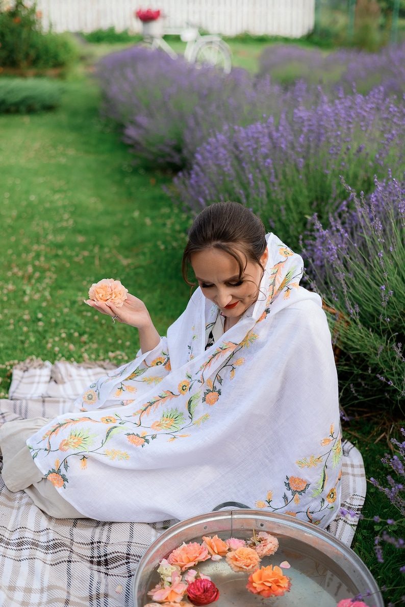Linen Shawl with Floral Embroidery – White Embroidered Scarf with Peach Flowers, Folk Botanical Wrap