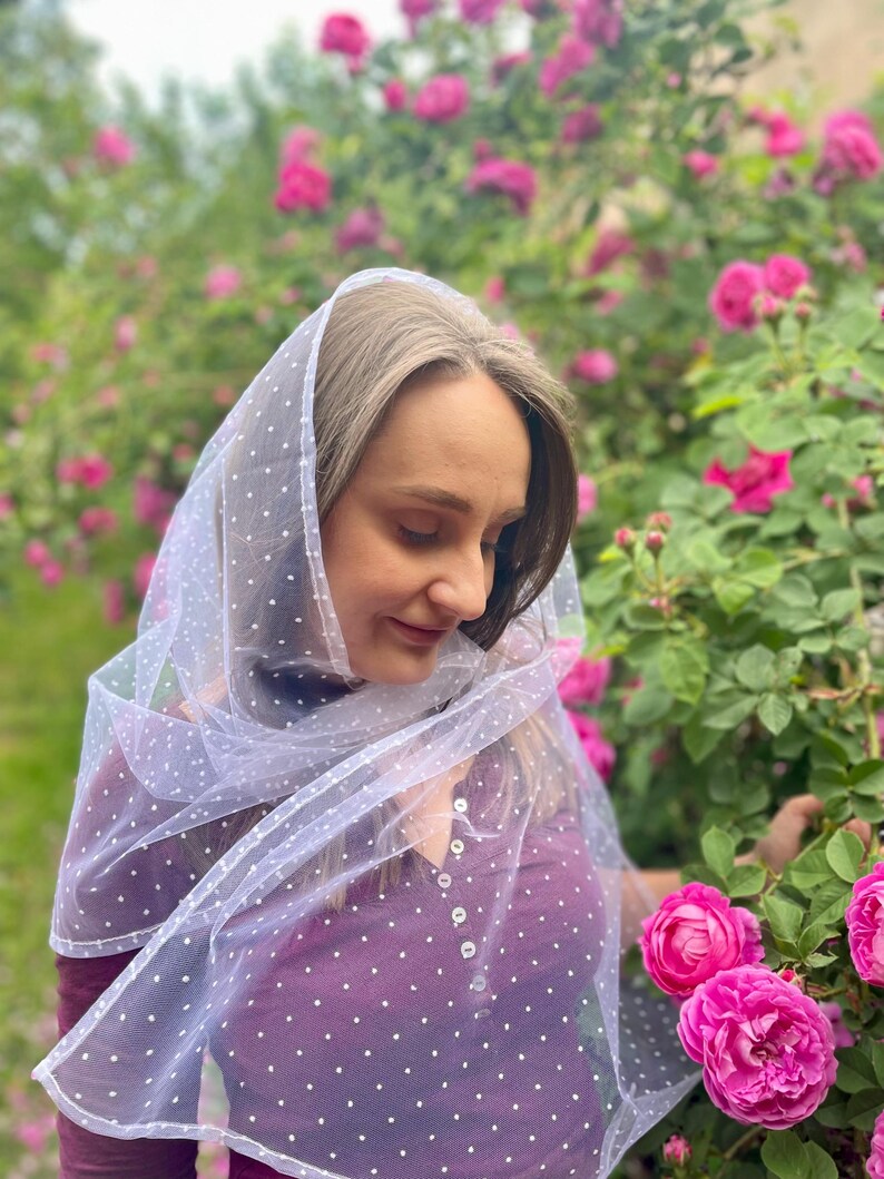Elegant white polka dot tulle head scarf for women