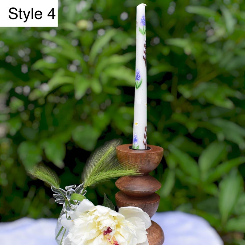 Hand painted spring flowers taper candle with pussy willow and blue hyacinth, Decorative dinner candle 22cm height 2cm base