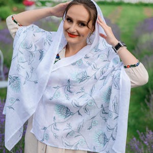 White Linen Shawl with Thistle Floral Embroidery, Lightweight Handmade Scarf, Botanical Wrap, Folk Style Linen Scarf for Women