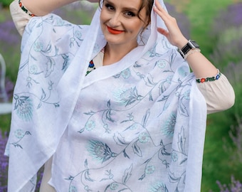 White Linen Shawl with Thistle Floral Embroidery, Lightweight Handmade Scarf, Botanical Wrap, Folk Style Linen Scarf for Women