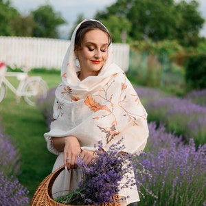 Ivory Linen Embroidered Scarf with Autumn Leaves – Lightweight Floral Shawl Wrap for Women, Modest Head Covering for Prayer or Fall