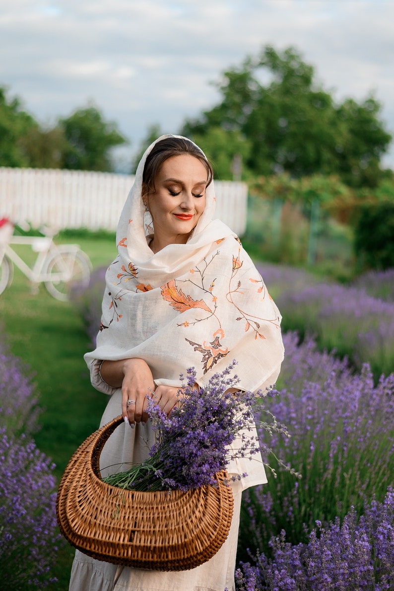 Ivory Linen Embroidered Scarf with Autumn Leaves – Lightweight Floral Shawl Wrap for Women, Modest Head Covering for Prayer or Fall