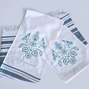 Embroidered towel with folk bird motif, White ukraine hand towel with blue ornament
