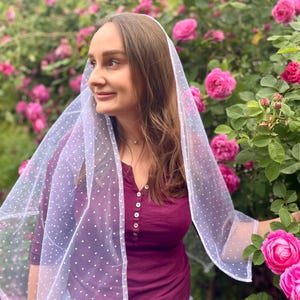 Elegant white polka dot tulle head scarf for women, Soft sheer mesh veil shawl, Lightweight dotted vintage-inspired head cover wrap