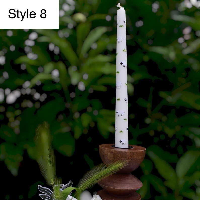 Handmade white taper candle with tiny sheep motif, 22 cm tall 2 cm base, Cute farmhouse spring table decor for Easter, Baby shower or gift