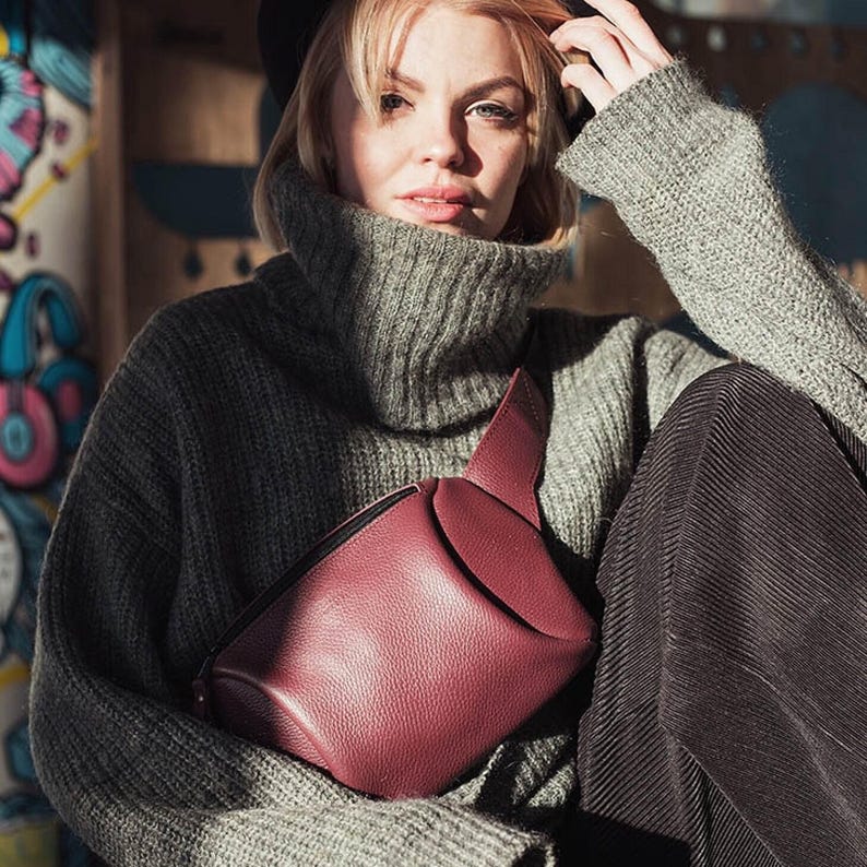 Handmade Burgundy Leather Fanny Pack Crossbody Sling Bag for Women, Pebbled Waist Belt Bag with Zipper, Adjustable Strap Minimalist Gift