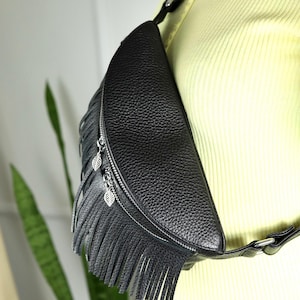 Black Leather Fringe Crossbody Bag with Adjustable Strap, Handmade Boho Waist Bag, Zippered Sling Purse with Leaf Charms