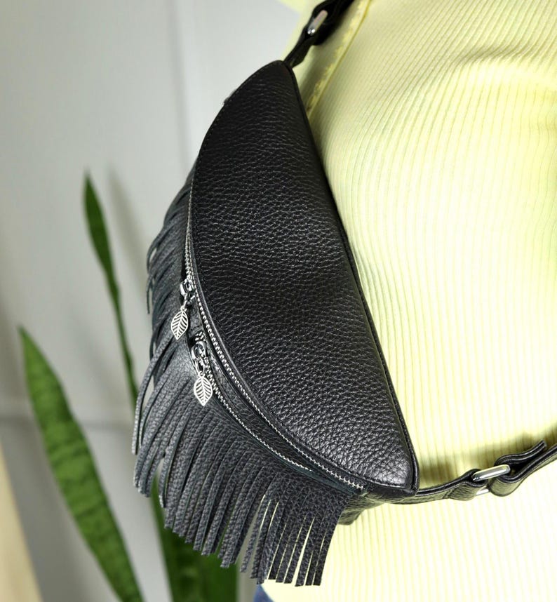 Black Leather Fringe Crossbody Bag with Adjustable Strap, Handmade Boho Waist Bag, Zippered Sling Purse with Leaf Charms