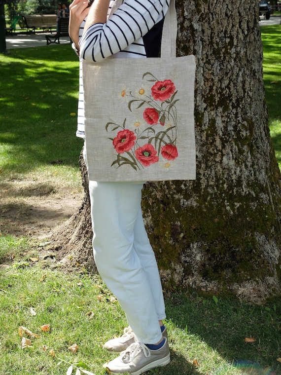 Embroidered Daisy Tote Bag,linen Tote Bags for Women,embroidery