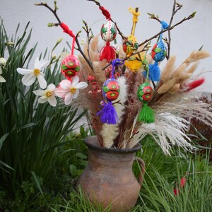 Hand Painted Hanging Egg Ornaments with Tassels, Colorful Spring Tree Decor, Folk Style Easter Eggs