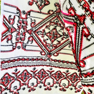 Puede incluir: Textil blanco con intrincados patrones bordados en rojo y negro. El dise&ntilde;o presenta formas geom&eacute;tricas y figuras estilizadas. La tela tiene una franja en el borde inferior. El bordado es detallado y parece hecho a mano.