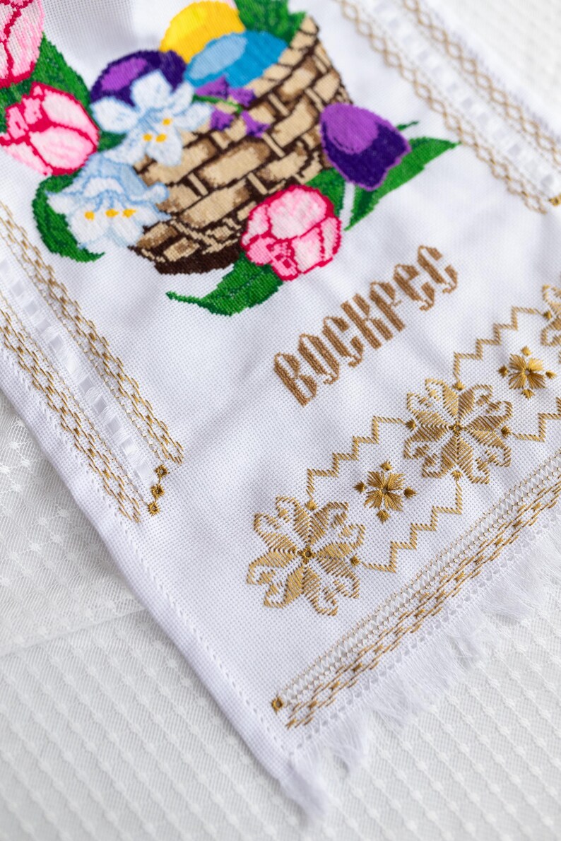 Cross stitch rushnyk with floral & Easter eggs