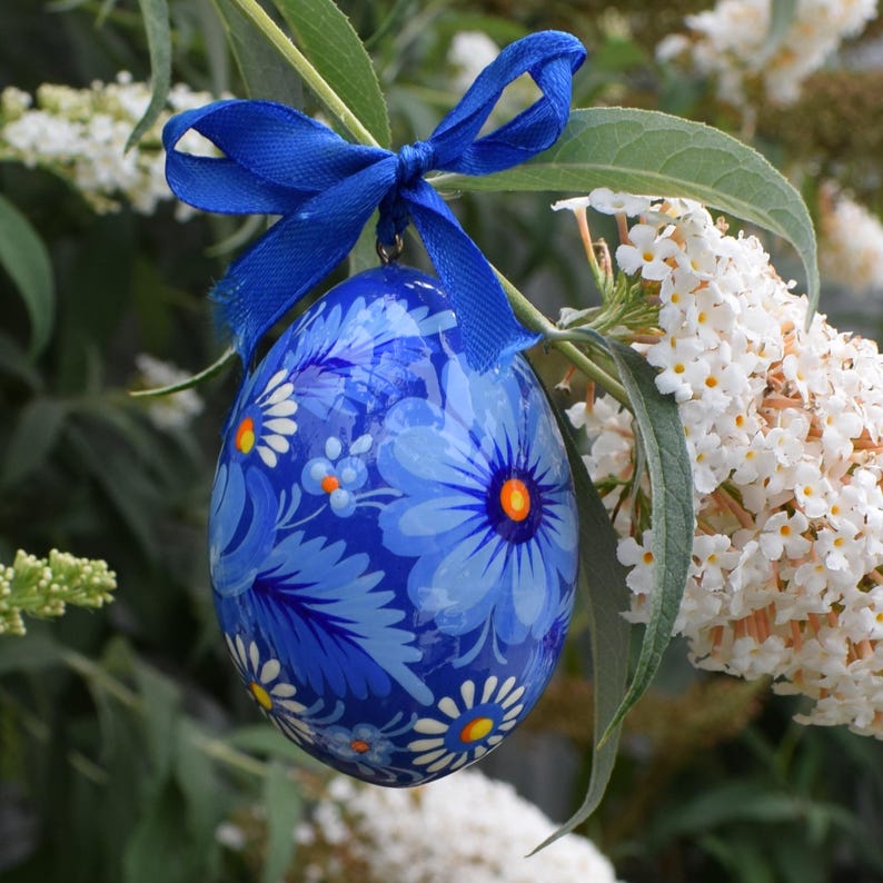 Set of 6 hand painted Easter egg ornaments with ribbons, Ukrainian folk floral wooden eggs, Gift boxed spring decor