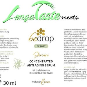 May include: A white label for "bedrop" skincare products, featuring the text "Concentrated Anti Aging Serum." The label includes a bee graphic, product details, and the phrase "Longa Taste meets." The bottle contains 30 ml.
