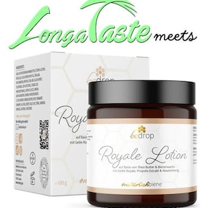 May include: A brown glass jar with a white label that reads "bedrop Royale Lotion" with the text "auf Basis von Shea Butter & Bienenwachs mit Gelée Royale, Propolis Extrakt & Akazienhonig #natürlichbiene". The jar is sitting on a white surface with a white box behind it. The box has a honeycomb pattern and the text "Royale auf Basis mit Gelée Ro e100g #n" on it.