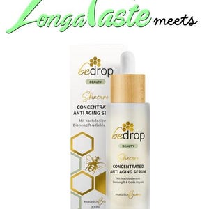 Può includere: Un prodotto per la cura della pelle, "bedrop BEAUTY Skincare CONCENTRATED ANTI AGING SERUM", è esposto con un tappo in legno e un contagocce. La confezione include testo e una grafica a forma di ape. Il testo "Longa Taste meets" è sopra il prodotto.