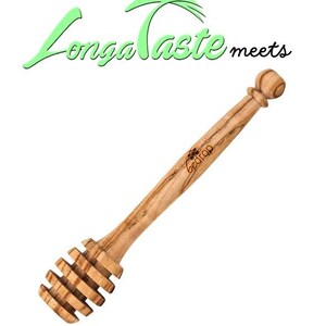 May include: A wooden honey dipper with a grooved head and a rounded handle. The dipper is made of light brown wood and features the text "bedrop" on the handle. The image also includes the text "Longa Taste meets" in green and black.