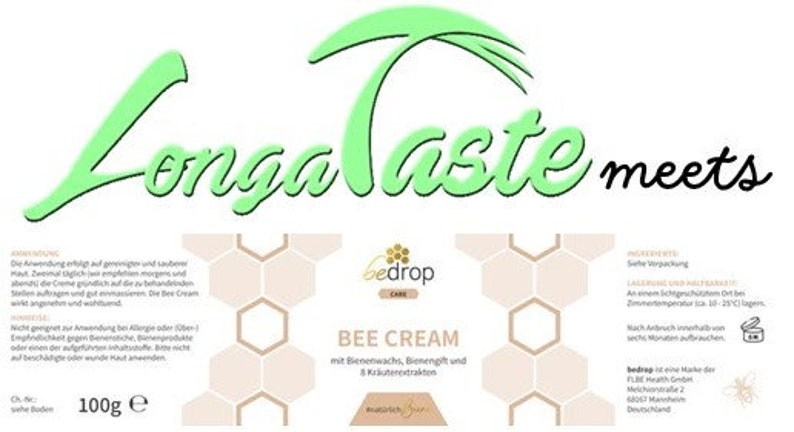 May include: A white label with the words "Longa Taste meets" in green and black script. The label also features the words "Bee Cream" and "100g". The product is from "bedrop CARE".