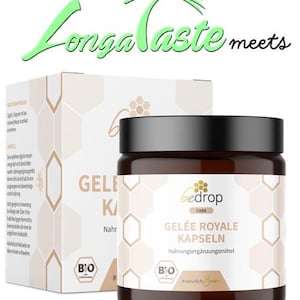 May include: A brown jar with a white label that reads "bedrop CARE GELÉE ROYALE KAPSELN Nahrungsergänzungsmittel B'O natürlich bien" with a honeycomb pattern in the background. The jar is sitting on a white surface next to a white box with a honeycomb pattern and the text "GELE K Nahr B'O".