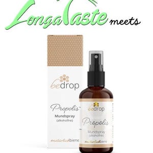 May include: A brown glass bottle with a black spray nozzle and a white label that reads "bedrop Propolis Mouthspray (alcohol-free) #natürlichbiene".