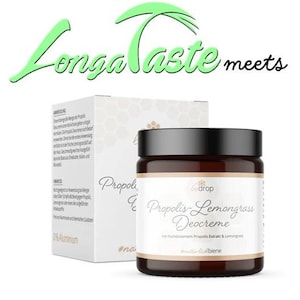 May include: A brown glass jar with a white label that reads "Propolis-Lemongrass Deocreme" with the text "with hochdesiertem Propolis Extrakt & Lemongrass" and "natuerlichbiene" below. The jar is sitting on a white surface.