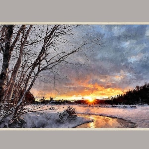 Samsung Frame TV Art, Winter snowy sunrise over the Lake painting, Snowy Trees abstract Oil Painting, Digital Download