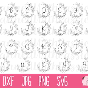 May include: A set of 26 alphabet letters in black and white, each letter is surrounded by a wreath of leaves. The letters are in a simple, handwritten font. The letters are arranged in alphabetical order.