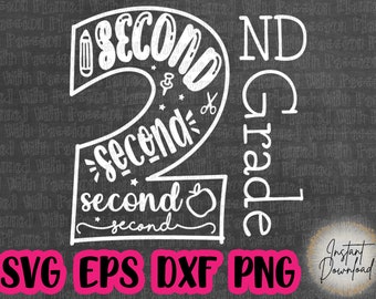 Può includere: Grafica bianca per la seconda elementare, con la parola «SECOND» in un grande numero 2, con una matita, forbici e una mela. Le parole «ND Grade» sono allineate verticalmente. Include formati di file: SVG, EPS, DXF e PNG.