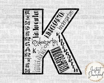 May include: Black and white graphic design of the letter K made up of the word "kindergarten" repeated multiple times. The letter K is outlined in black.
