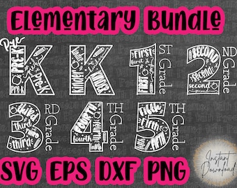 May include: A digital design bundle featuring school grade levels Pre-K through 5th grade, with the words Pre-K, Kinder, 1st, 2nd, 3rd, 4th, and 5th grade in white on a dark gray background. The words "Elementary Bundle" are in pink.