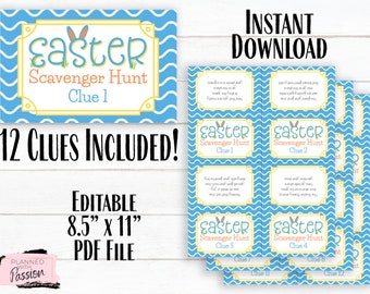 May include: Printable Easter scavenger hunt game with 12 clues. The clues are on blue and yellow cards with a wavy pattern. The cards are 8.5 inches by 11 inches and are editable.