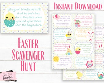 May include: A set of printable Easter scavenger hunt cards with colorful illustrations of bunnies, chicks, and eggs. The cards feature clues like "Go to the place where you put your shoes when the day is done." and "The Easter Bunny shares love wherever he goes. Now go look where you blow your nose."
