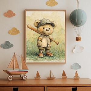 Bear Playing Baseball Nursery Wall Art, Vintage Teddy Bear Nursery Printable Poster, Sports Retro Decor for Kids Room, Digital Download
