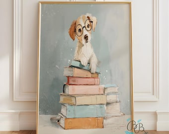 Welpe, der Bücher liest Art Druck, Klassenzimmer Dekor (Digitaler Download)