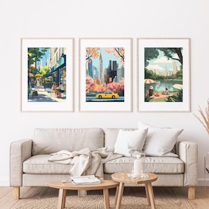Preppy NYC Wandkunst, York City Prints, 3er-Set, NYC Wanddekoration, NYC Wahrzeichen, NYC Reisedrucke, New York Poster, Central Park Art