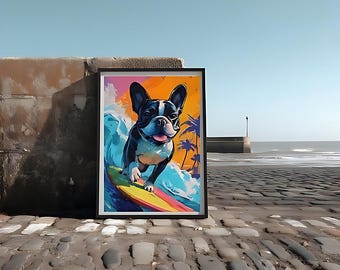 Surfing French Bulldog Print: Coastal Beach House Wall Art (Digital Download)