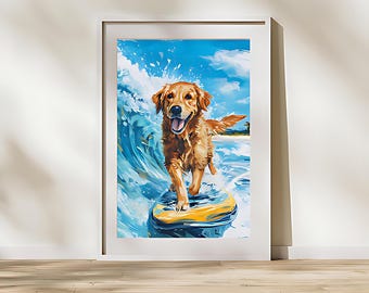 Surfing Golden Retriever Print: Beach House Coastal Dog Art (Digital Download)
