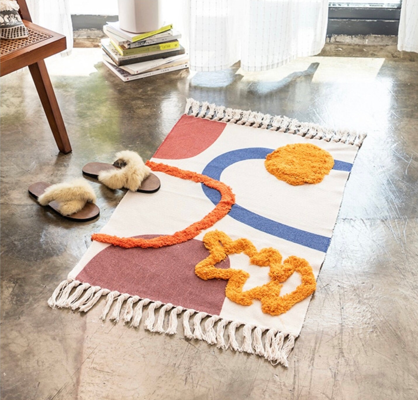 Tapis Paillasson 60x90cm Brodé Coton Style Boho, Fait Main Décoration Macramé Géométrique Abstrait e